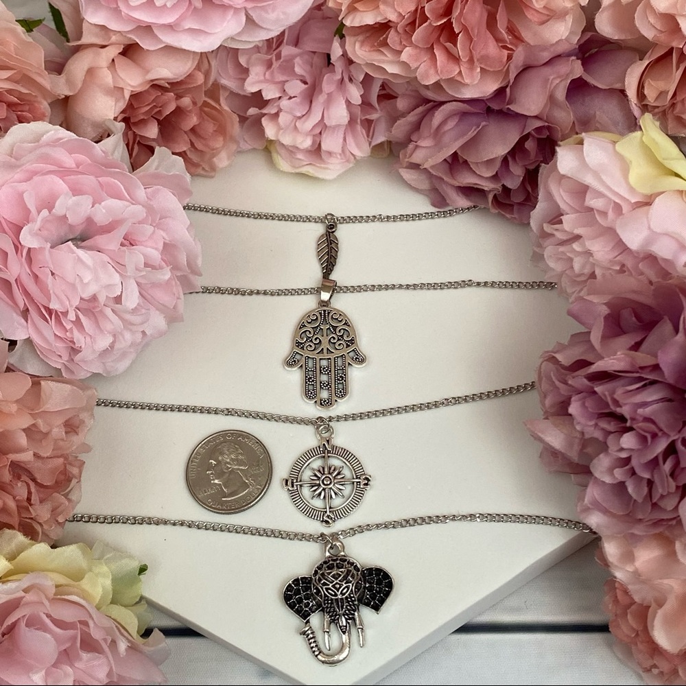 Boho Silver Leaf Hamsa Compass Elephant Necklace - Picture 14 of 15
